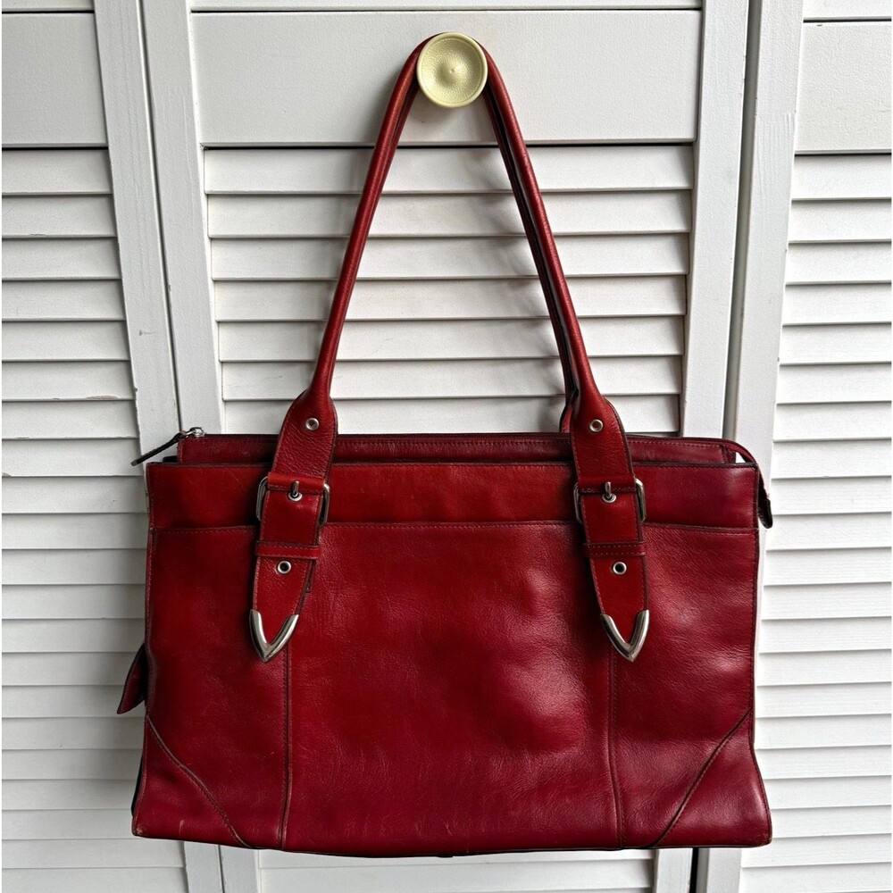 Vintage Red Leather Bag Zip Top Buckle Accents Silver Hardware